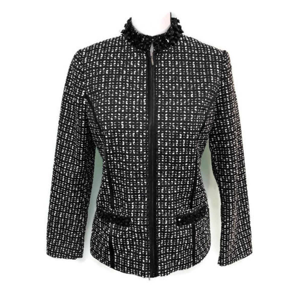 Chicos Black White Textured Zip Beaded Jacket